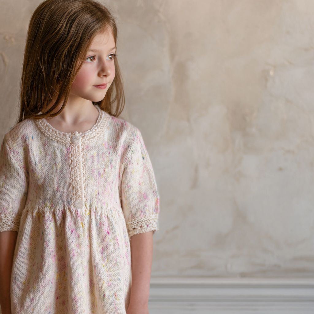Child wearing a hand-knit cream speckled dress made with Flying Knitting Lab yarn